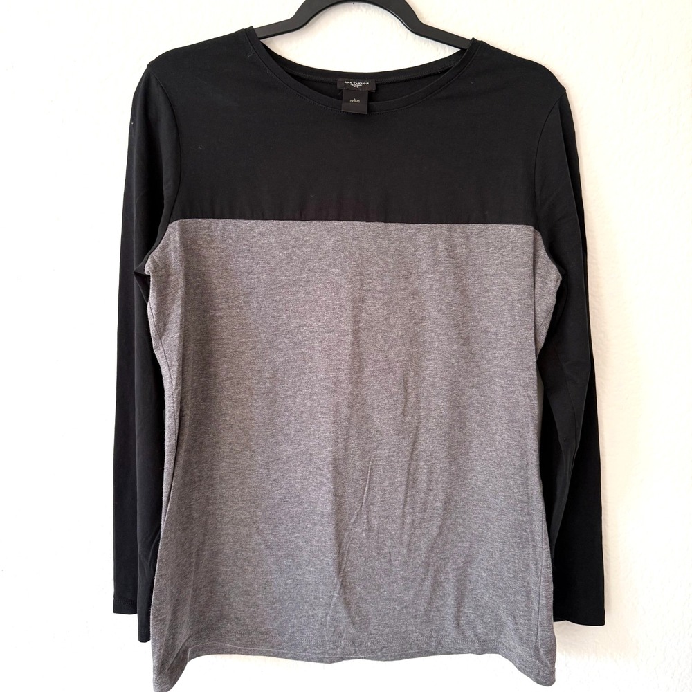 Ann Taylor Long Sleeve Top Womens Large Black Gray Colorblock Crew Neck Shirt